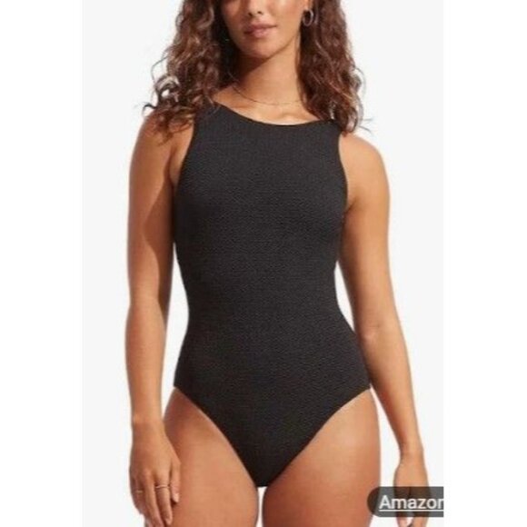 Seafolly Sea Dive Size 16 High Neck Lace Tie Back Black Textured NWT One Piece S - Picture 1 of 14